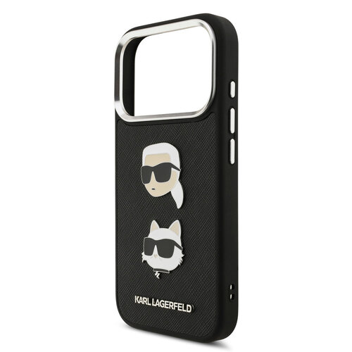 Karl Lagerfeld Karl Lagerfeld iPhone 17 Pro/iPhone 18 Pro Coque arrière Revêtement intégral finition grainée Pins représentant les têtes de Karl & Choupette - Noir
