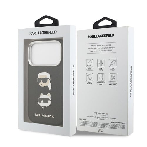 Karl Lagerfeld Karl Lagerfeld iPhone 17 Pro/iPhone 18 Pro Coque arrière Revêtement intégral finition grainée Pins représentant les têtes de Karl & Choupette - Noir