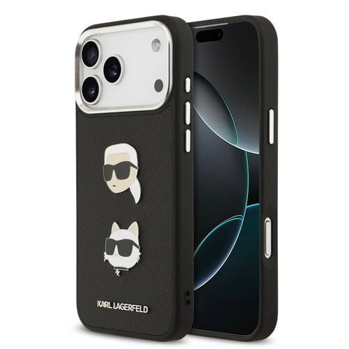 Karl Lagerfeld Karl Lagerfeld iPhone 17 Pro Max/iPhone 18 Pro Max Coque arrière Revêtement intégral finition grainée Pins représentant les têtes de Karl & Choupette - Noir