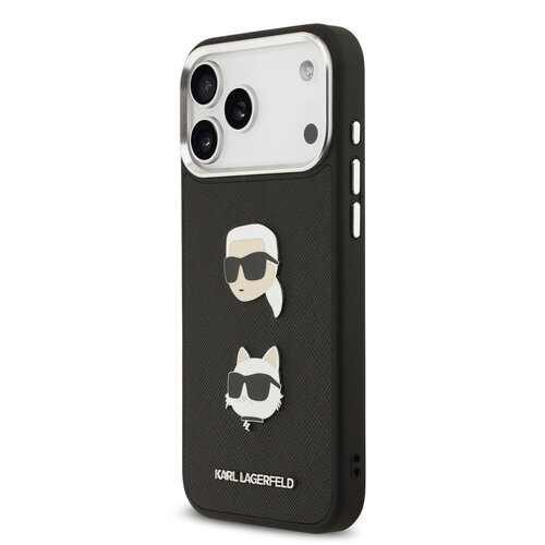 Karl Lagerfeld Karl Lagerfeld iPhone 17 Pro Max/iPhone 18 Pro Max Coque arrière Revêtement intégral finition grainée Pins représentant les têtes de Karl & Choupette - Noir