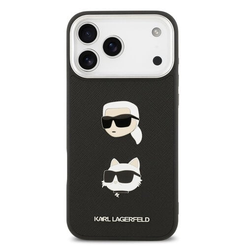 Karl Lagerfeld Karl Lagerfeld iPhone 17 Pro Max/iPhone 18 Pro Max Coque arrière Revêtement intégral finition grainée Pins représentant les têtes de Karl & Choupette - Noir