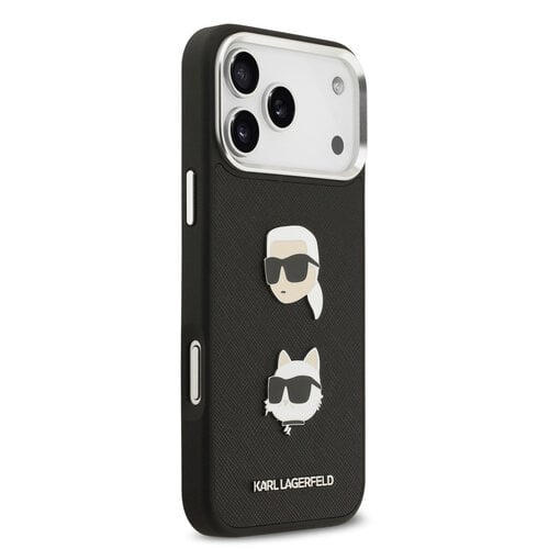 Karl Lagerfeld Karl Lagerfeld iPhone 17 Pro Max/iPhone 18 Pro Max Coque arrière Revêtement intégral finition grainée Pins représentant les têtes de Karl & Choupette - Noir