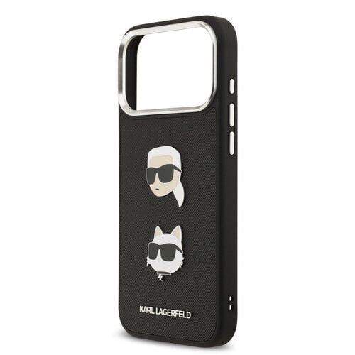 Karl Lagerfeld Karl Lagerfeld iPhone 17 Pro Max/iPhone 18 Pro Max Coque arrière Revêtement intégral finition grainée Pins représentant les têtes de Karl & Choupette - Noir