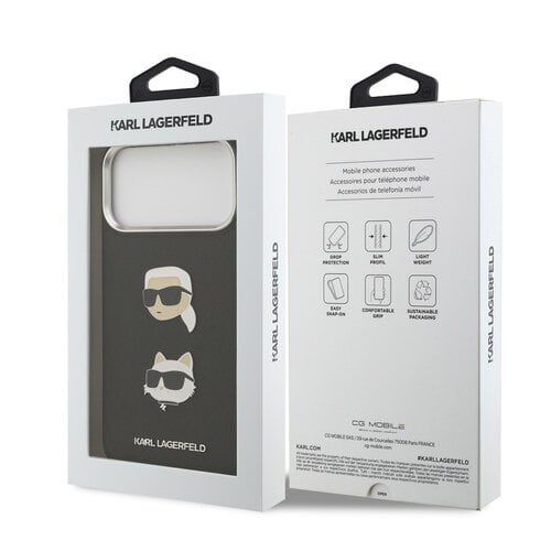 Karl Lagerfeld Karl Lagerfeld iPhone 17 Pro Max/iPhone 18 Pro Max Coque arrière Revêtement intégral finition grainée Pins représentant les têtes de Karl & Choupette - Noir
