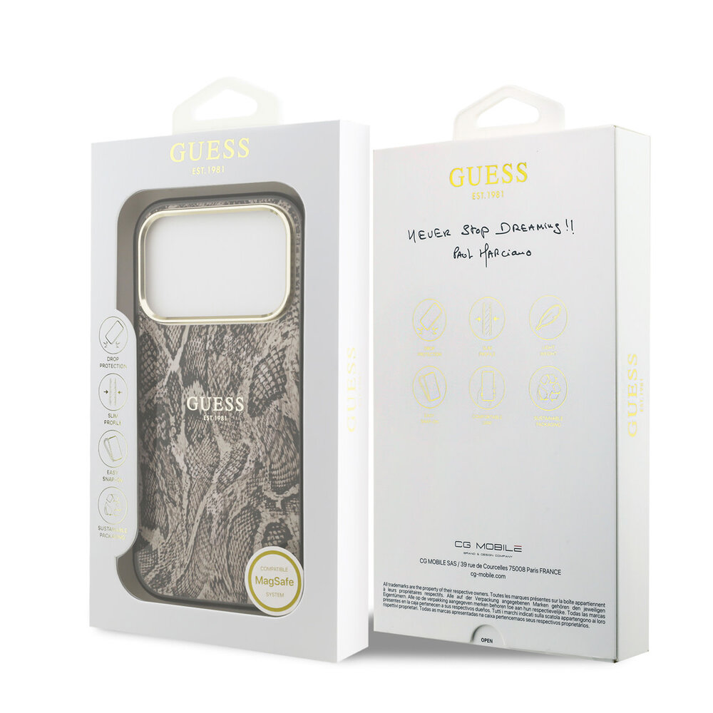 Guess Guess iPhone 17 Pro Back cover coque - Magsafe - Python Pattern - Marron Guess Guess iPhone 17 Pro Back cover coque - Magsafe - Python Pattern - Marron