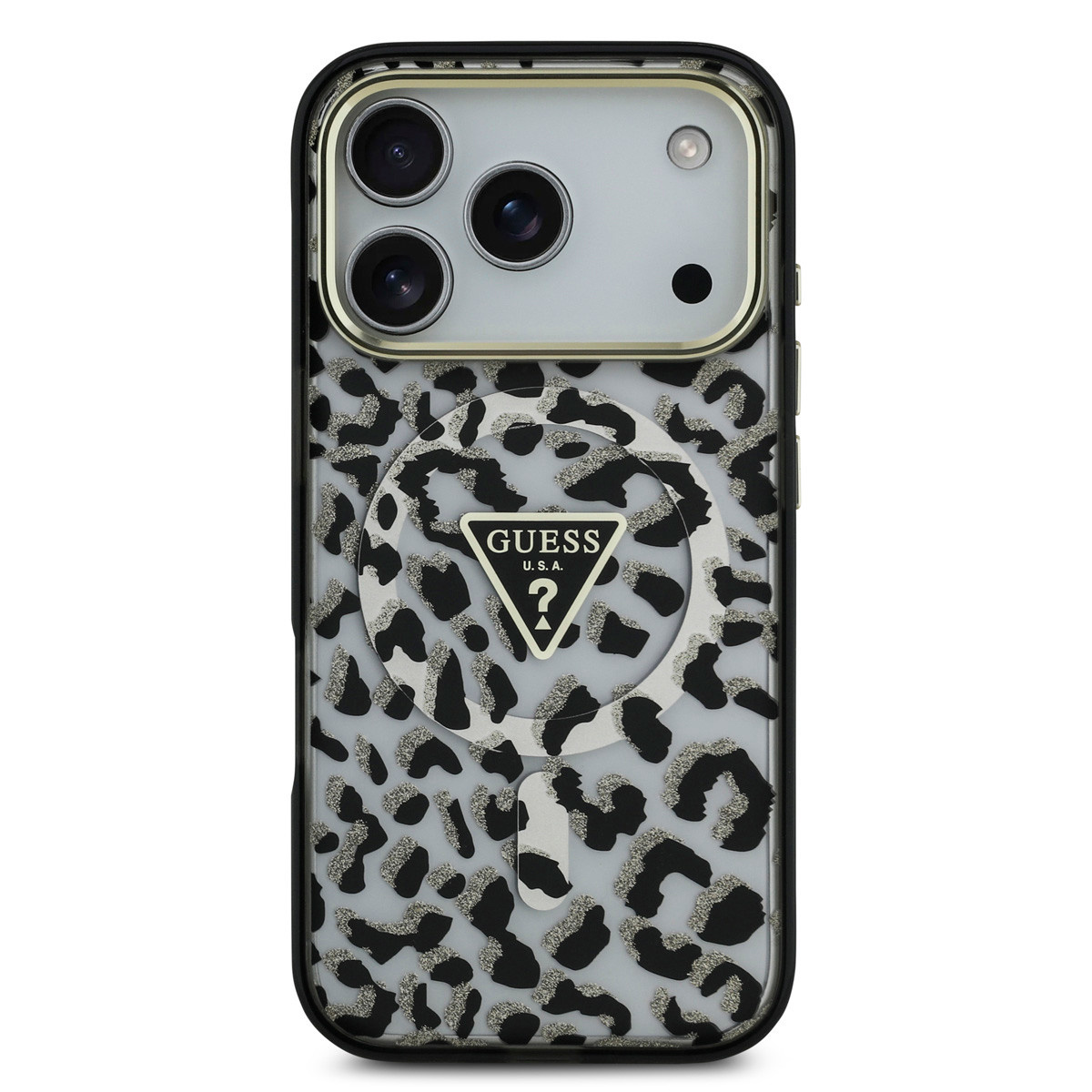 Guess Guess iPhone 17 Pro Backcover hoesje - Magsafe - Leopard Glitter Edition - Zwart, foto 3 van 6