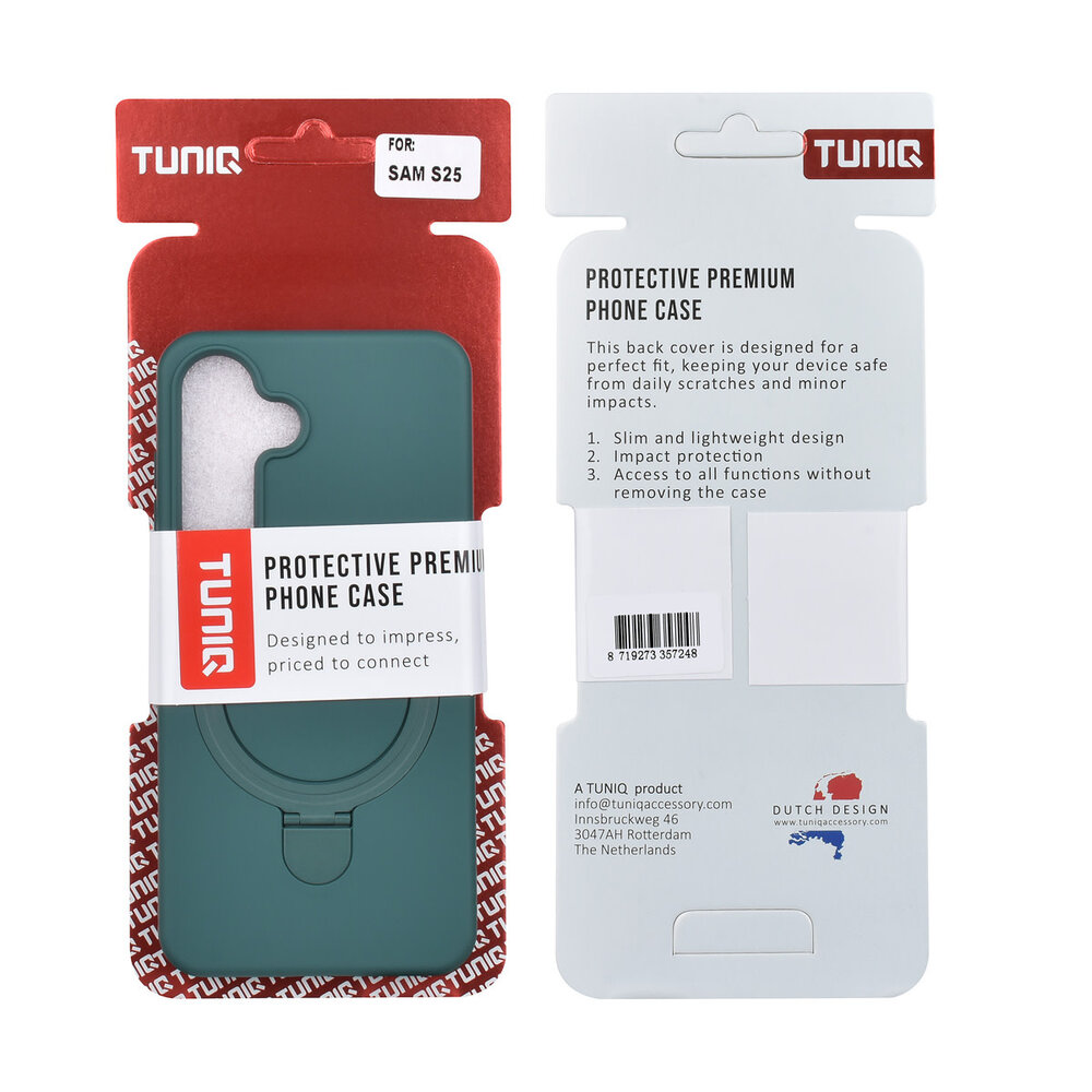 TUNIQ TUNIQ Galaxy S25 Back-Cover hul - Magsafe With Ring Stand - Hanger - Dunkelgrün TUNIQ TUNIQ Galaxy S25 Back-Cover hul - Magsafe With Ring Stand - Hanger - Dunkelgrün