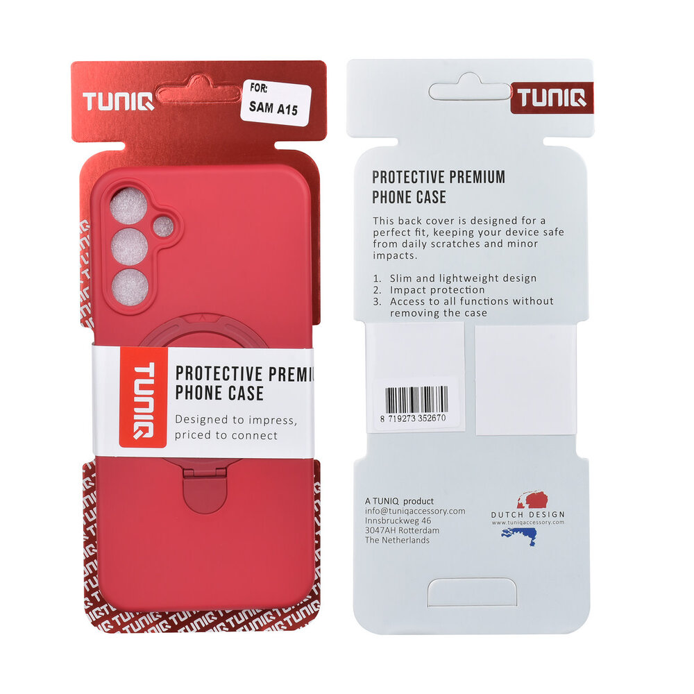 TUNIQ TUNIQ Galaxy A15 5G Back-Cover hul - Magsafe With Ring Stand - Hanger - Cherry Red TUNIQ TUNIQ Galaxy A15 5G Back-Cover hul - Magsafe With Ring Stand - Hanger - Cherry Red