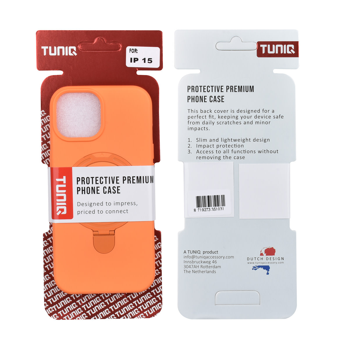 TUNIQ TUNIQ iPhone 15 Backcover hoesje - Magsafe With Ring Stand - Hanger - Tangerine Orange, foto 3 van 3