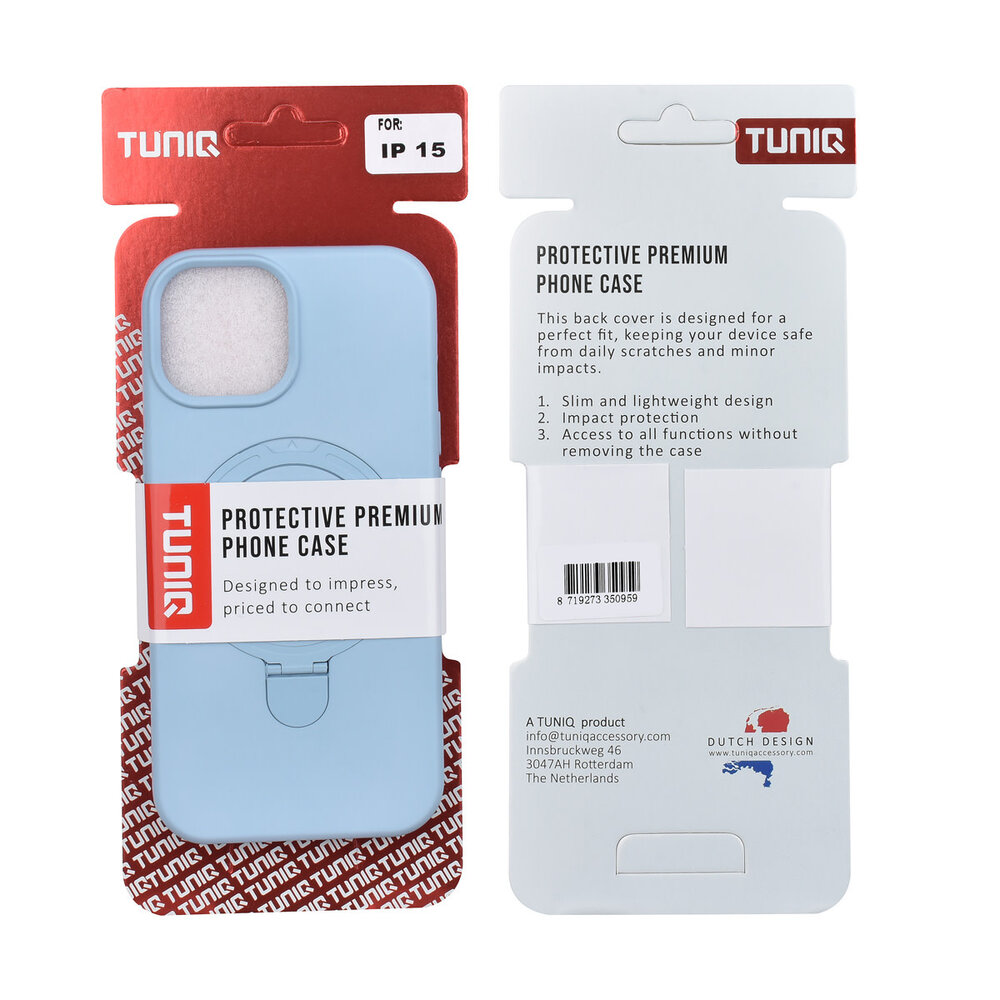 TUNIQ TUNIQ iPhone 15 Backcover hoesje - Magsafe With Ring Stand - Hanger - Baby Blue TUNIQ TUNIQ iPhone 15 Backcover hoesje - Magsafe With Ring Stand - Hanger - Baby Blue