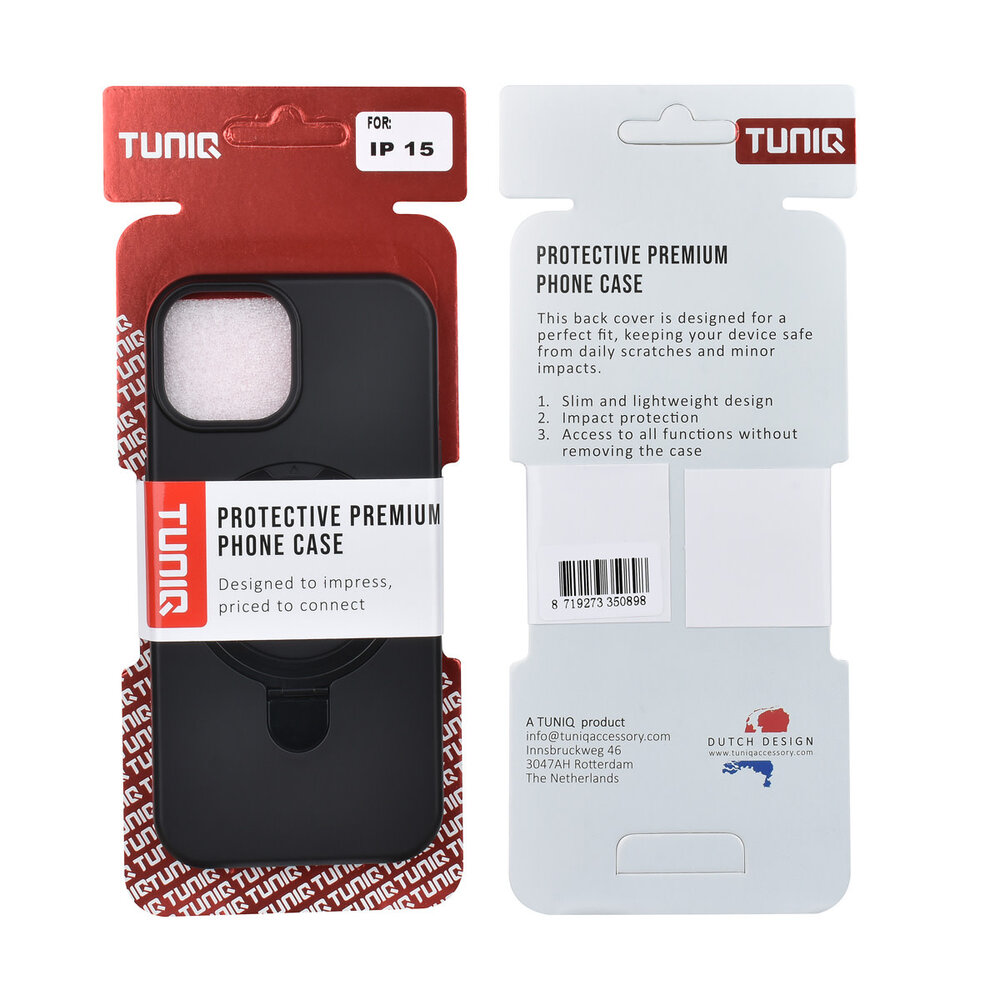 TUNIQ TUNIQ iPhone 15 Back-Cover hul - Magsafe With Ring Stand - Hanger - Schwarz
