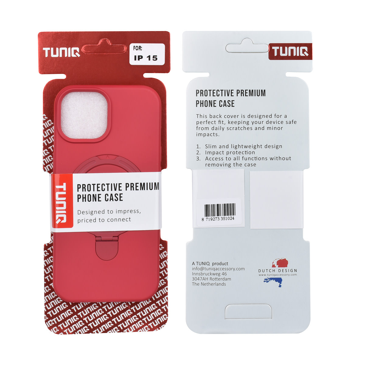 TUNIQ TUNIQ iPhone 15 Backcover hoesje - Magsafe With Ring Stand - Hanger - Cherry Red, foto 3 van 3