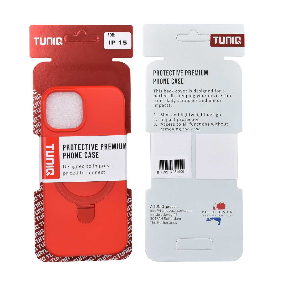 TUNIQ TUNIQ iPhone 15 Backcover hoesje - Magsafe With Ring Stand - Hanger - Classic Red, foto 3 van 3