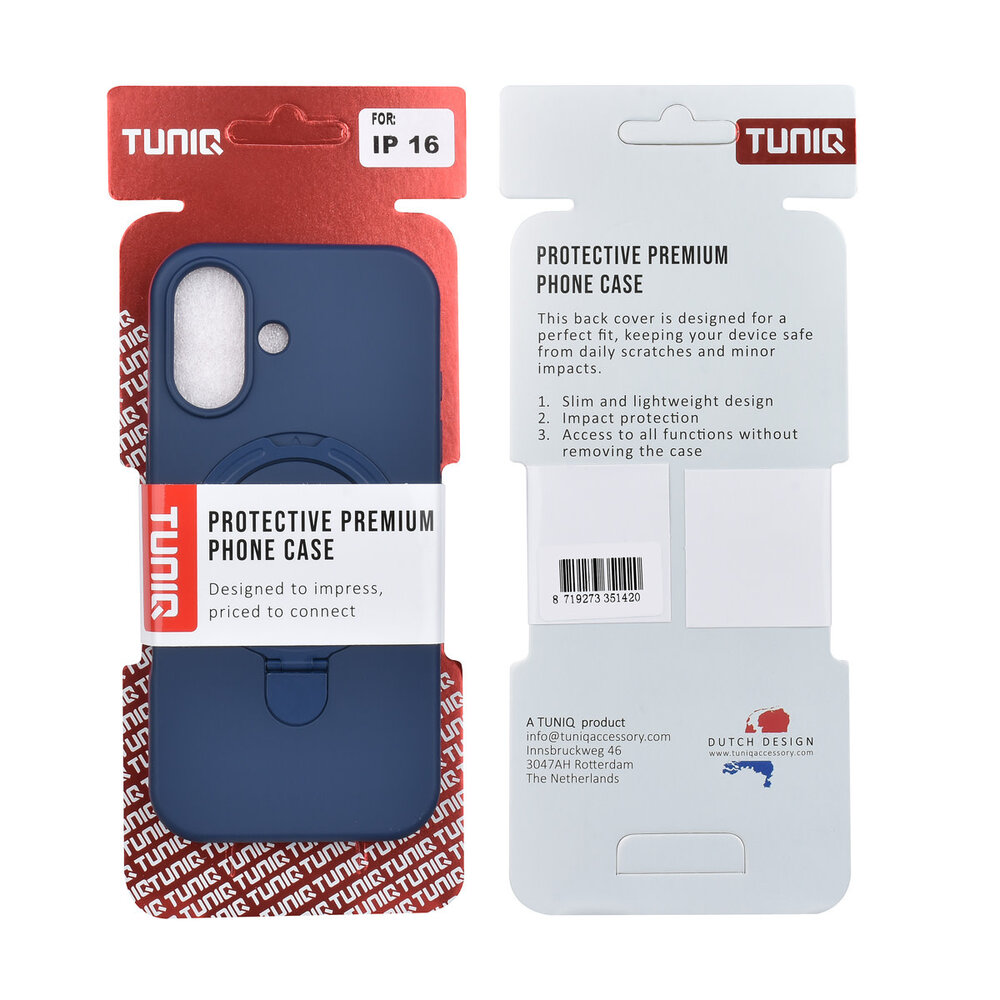 TUNIQ TUNIQ iPhone 16 Backcover hoesje - Magsafe With Ring Stand - Hanger - Navy Blue TUNIQ TUNIQ iPhone 16 Backcover hoesje - Magsafe With Ring Stand - Hanger - Navy Blue