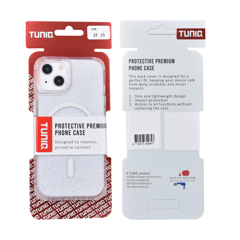 TUNIQ TUNIQ iPhone 15 Back cover case - Magsafe - Glitter - Hanger - Transparent TUNIQ TUNIQ iPhone 15 Back cover case - Magsafe - Glitter - Hanger - Transparent