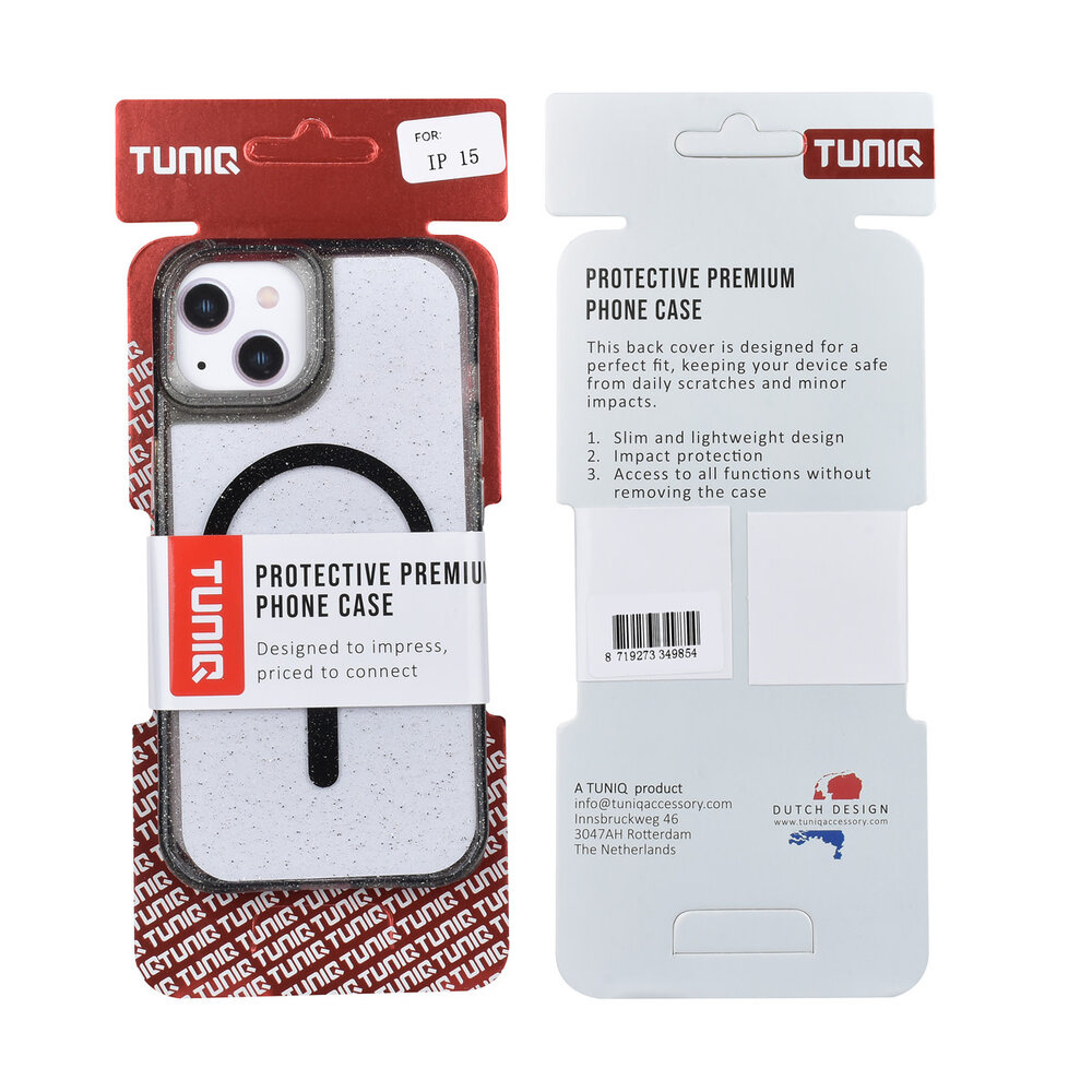 TUNIQ TUNIQ iPhone 15 Backcover hoesje - Magsafe - Glitter - Hanger - Zwart