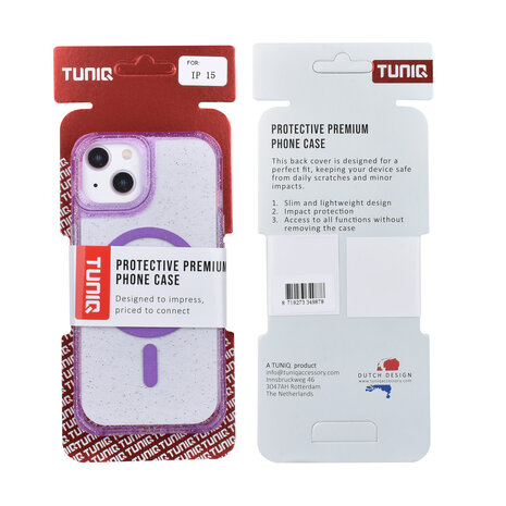 TUNIQ TUNIQ iPhone 15 Backcover hoesje - Magsafe - Glitter - Hanger - Paars