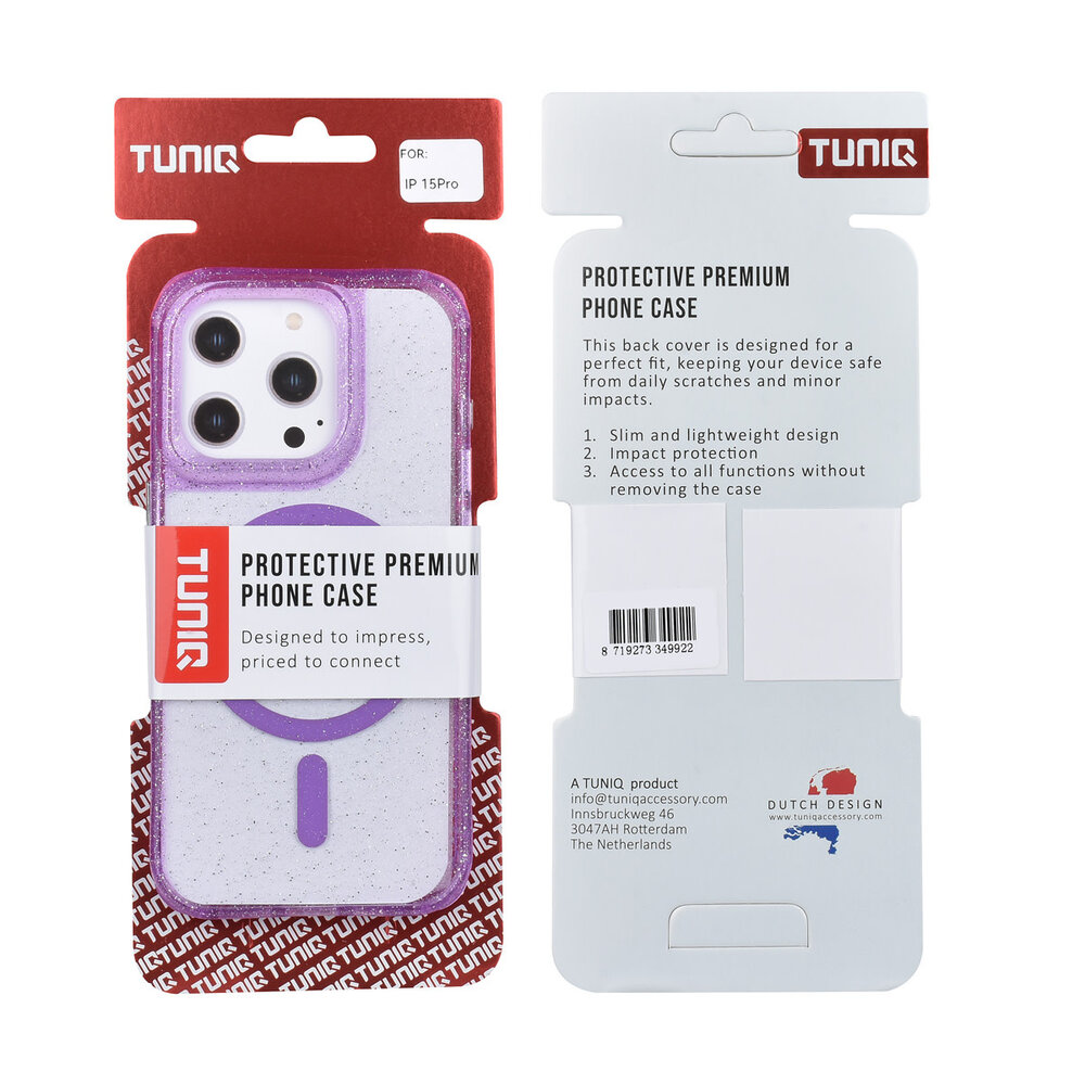 TUNIQ TUNIQ iPhone 15 Pro Back cover coque - Magsafe - Glitter - Hanger - Violet TUNIQ TUNIQ iPhone 15 Pro Back cover coque - Magsafe - Glitter - Hanger - Violet