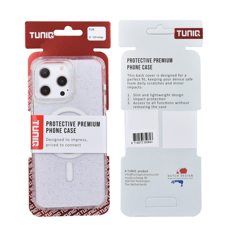 TUNIQ TUNIQ iPhone 15 Pro Max Backcover hoesje - Magsafe - Glitter - Hanger - Transparant