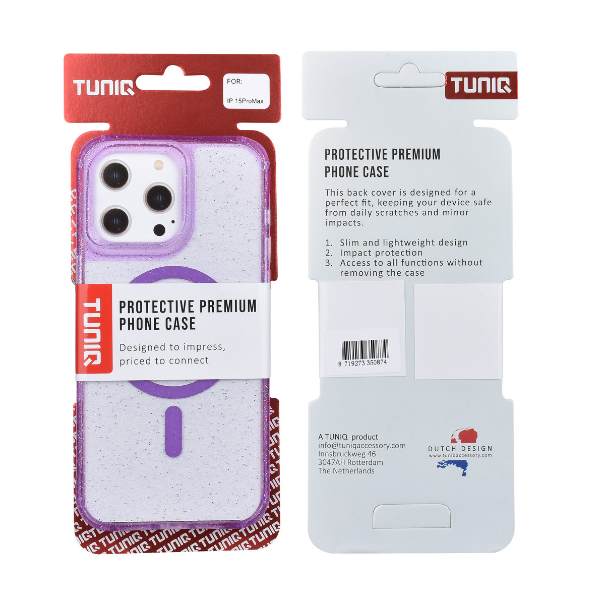 TUNIQ TUNIQ iPhone 15 Pro Max Backcover hoesje - Magsafe - Glitter - Hanger - Paars, foto 3 van 3