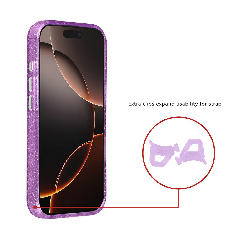 TUNIQ TUNIQ iPhone 16 Pro Back-Cover hul - Magsafe - Glitter - Hanger - Lila TUNIQ TUNIQ iPhone 16 Pro Back-Cover hul - Magsafe - Glitter - Hanger - Lila