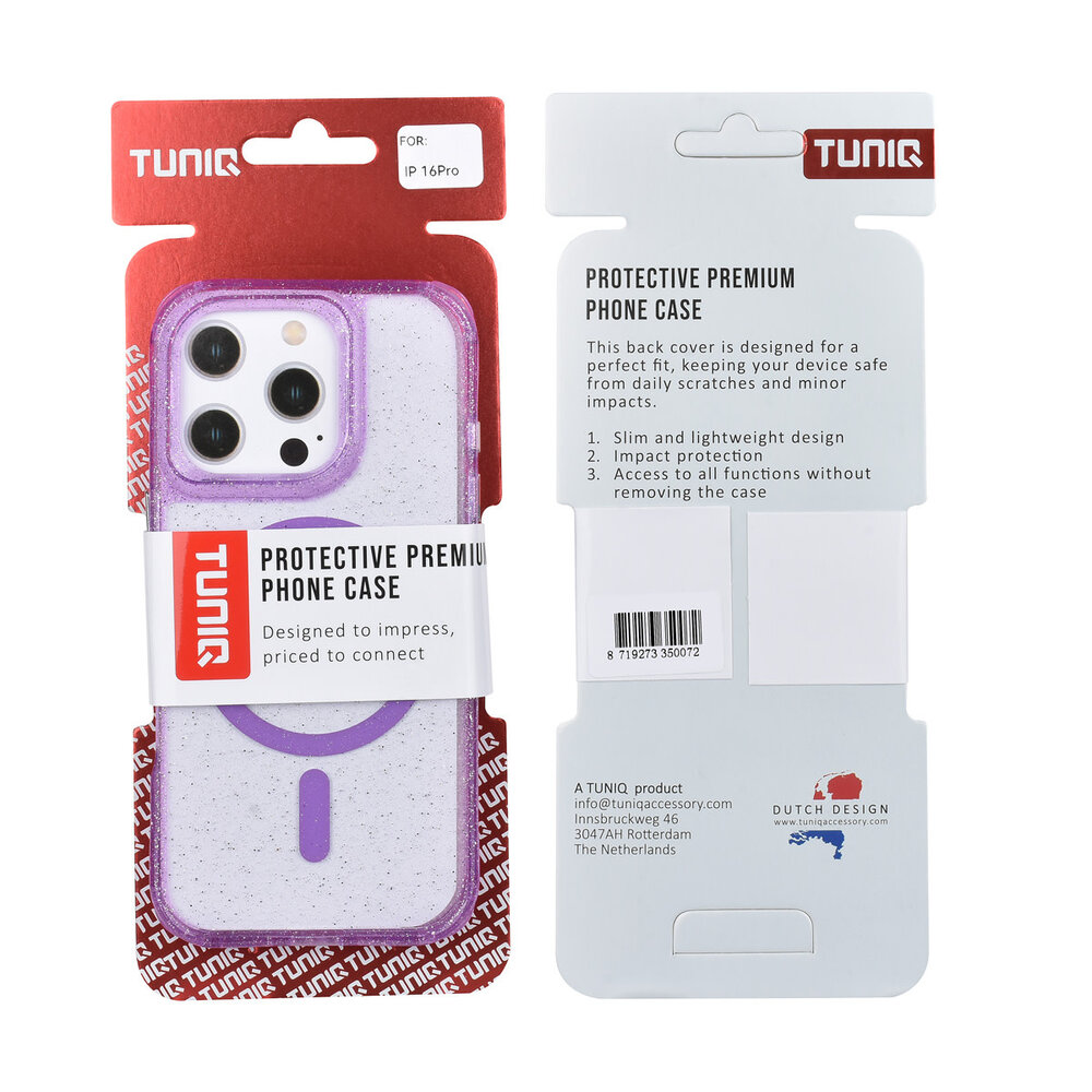 TUNIQ TUNIQ iPhone 16 Pro Backcover hoesje - Magsafe - Glitter - Hanger - Paars