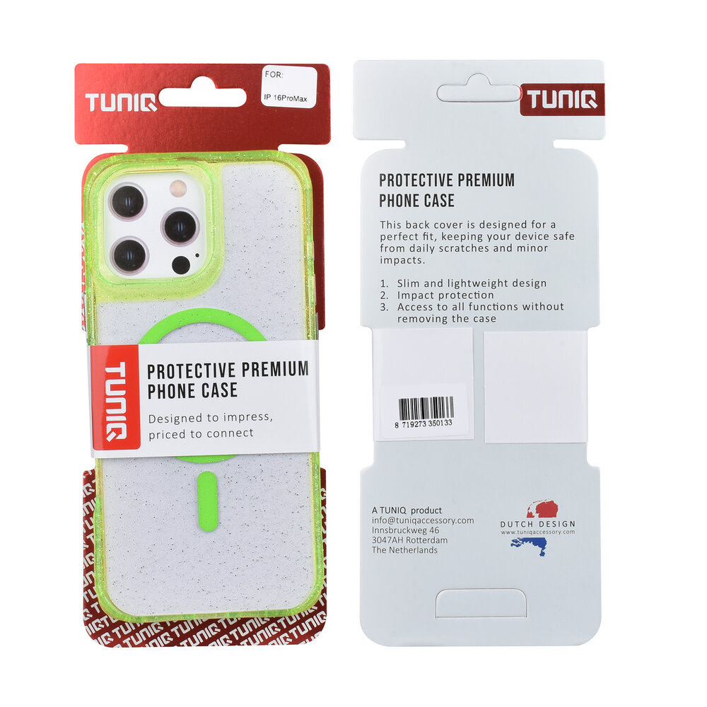 TUNIQ TUNIQ iPhone 16 Pro Max Backcover hoesje - Magsafe - Glitter - Hanger - Groen TUNIQ TUNIQ iPhone 16 Pro Max Backcover hoesje - Magsafe - Glitter - Hanger - Groen
