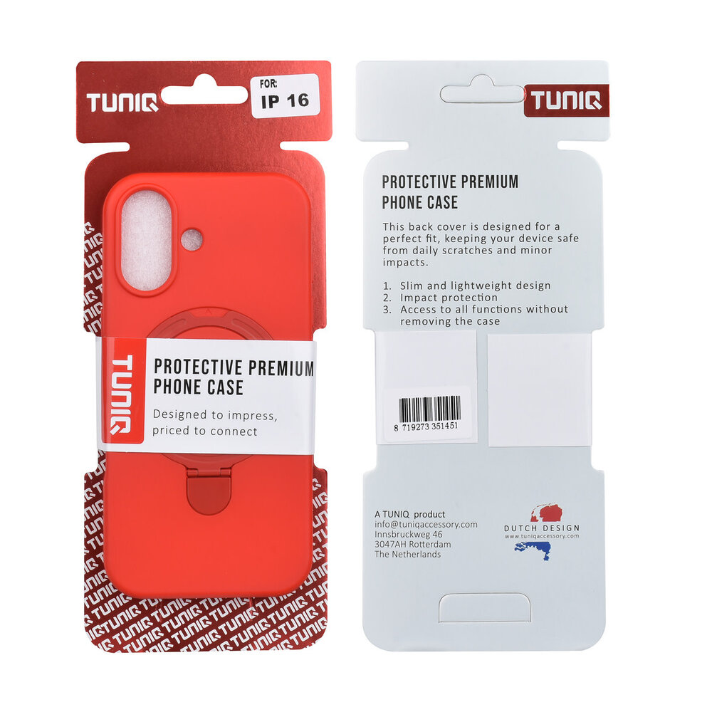 TUNIQ TUNIQ iPhone 16 Backcover hoesje - Magsafe With Ring Stand - Hanger - Classic Red TUNIQ TUNIQ iPhone 16 Backcover hoesje - Magsafe With Ring Stand - Hanger - Classic Red