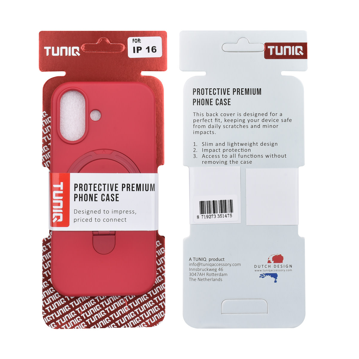 TUNIQ TUNIQ iPhone 16 Backcover hoesje - Magsafe With Ring Stand - Hanger - Cherry Red, foto 3 van 3