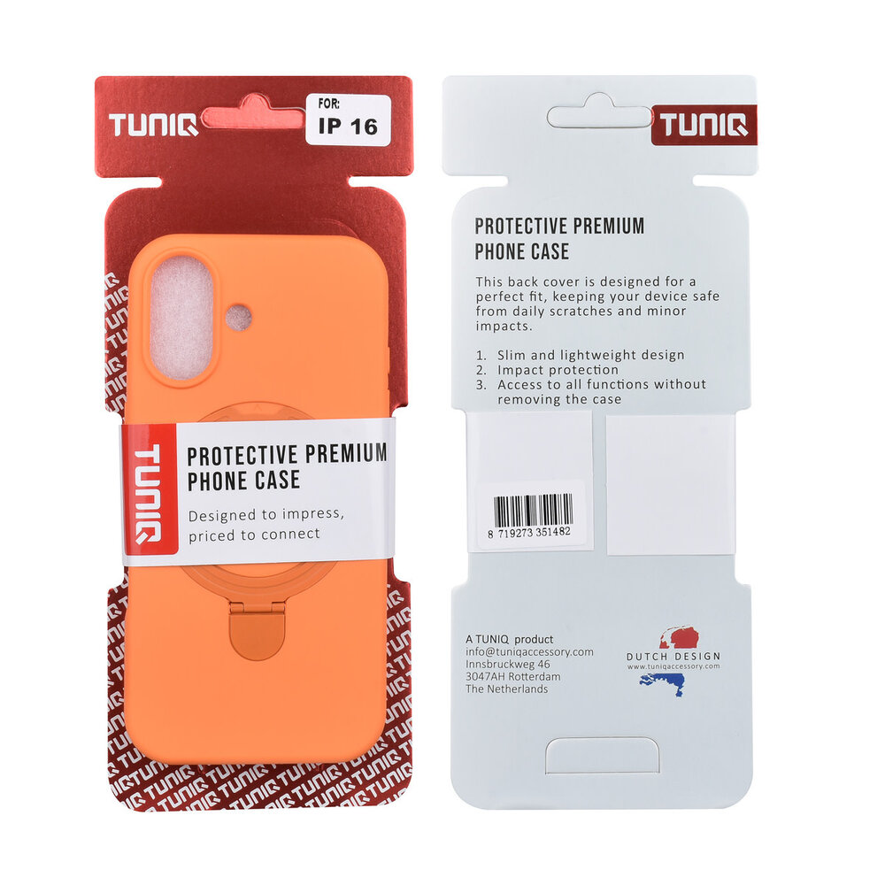 TUNIQ TUNIQ iPhone 16 Backcover hoesje - Magsafe With Ring Stand - Hanger - Tangerine Orange TUNIQ TUNIQ iPhone 16 Backcover hoesje - Magsafe With Ring Stand - Hanger - Tangerine Orange