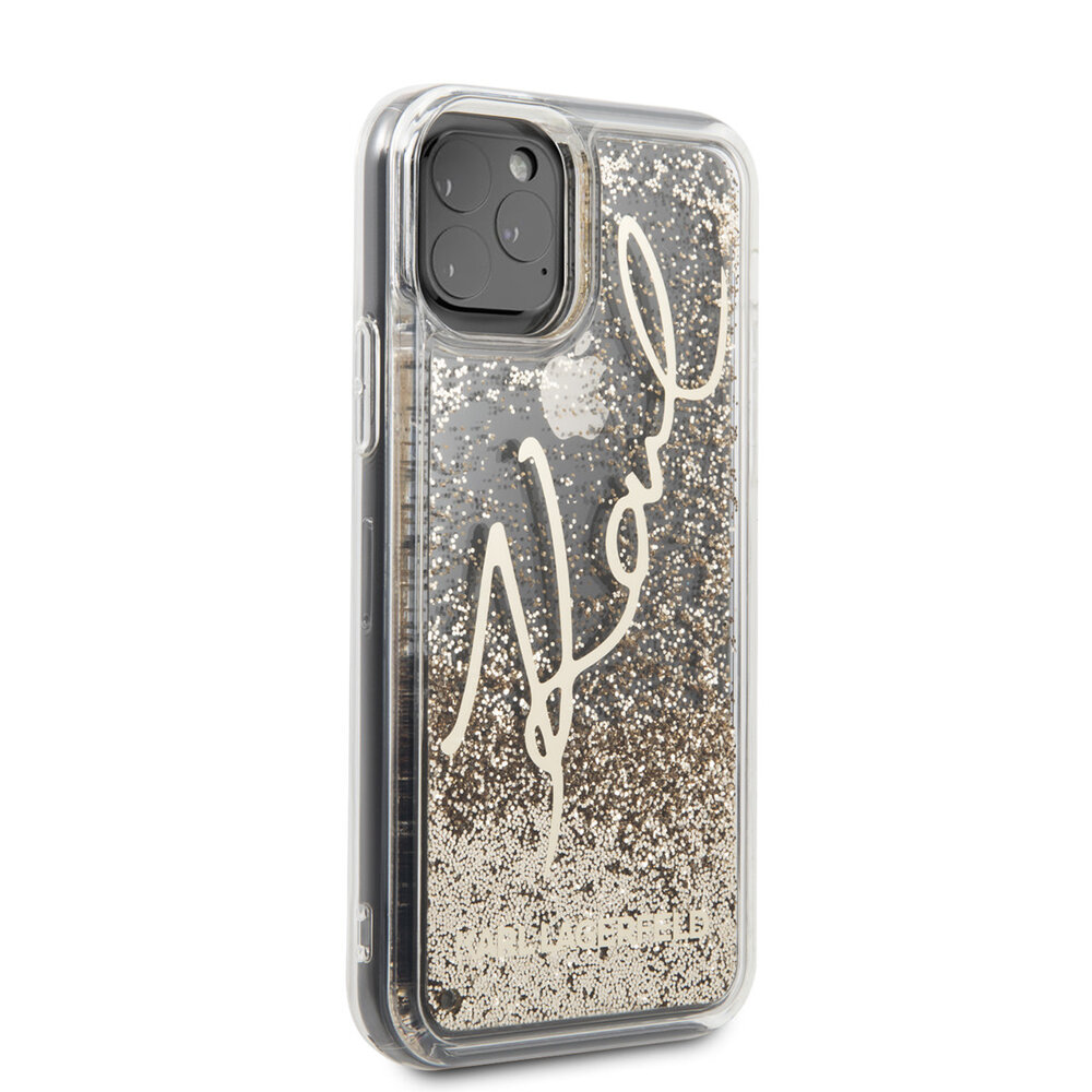 Karl Lagerfeld Karl Lagerfeld iPhone 11 Pro Backcover hoesje - Transparent Glitter Signature - Goud Karl Lagerfeld Karl Lagerfeld iPhone 11 Pro Backcover hoesje - Transparent Glitter Signature - Goud
