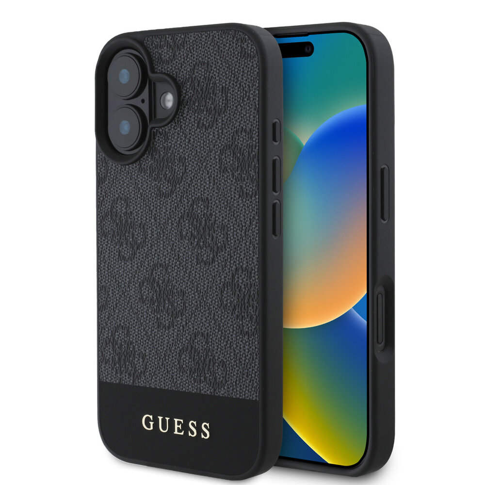 Guess Guess iPhone 16 Backcover hoesje - 4G PU Leather - Bottom Stripe - Grijs Guess Guess iPhone 16 Backcover hoesje - 4G PU Leather - Bottom Stripe - Grijs