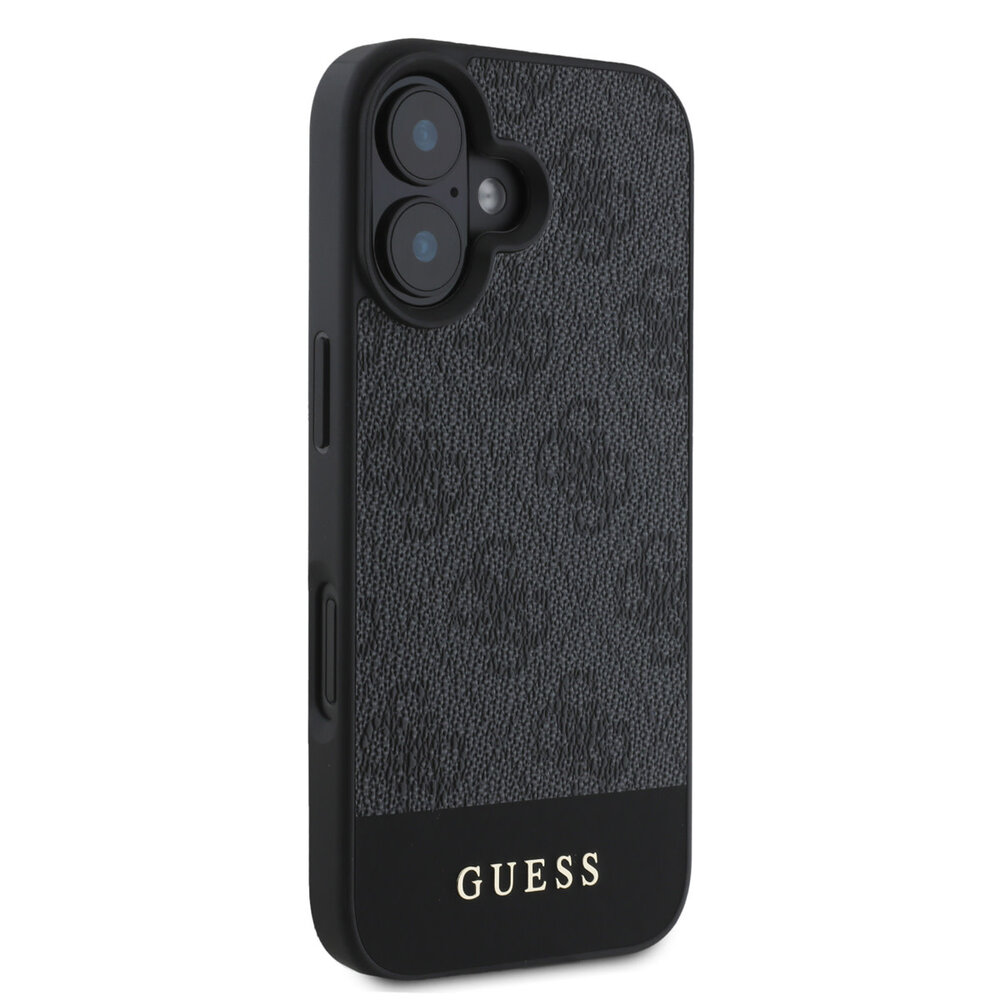 Guess Guess iPhone 16 Backcover hoesje - 4G PU Leather - Bottom Stripe - Grijs Guess Guess iPhone 16 Backcover hoesje - 4G PU Leather - Bottom Stripe - Grijs