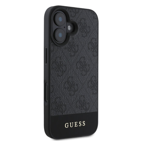 Guess Guess iPhone 16 Backcover hoesje - 4G PU Leather - Bottom Stripe - Grijs Guess Guess iPhone 16 Backcover hoesje - 4G PU Leather - Bottom Stripe - Grijs