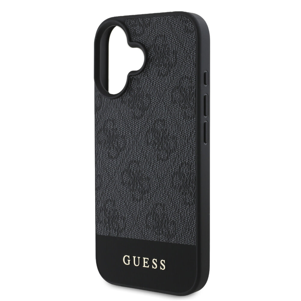 Guess Guess iPhone 16 Backcover hoesje - 4G PU Leather - Bottom Stripe - Grijs Guess Guess iPhone 16 Backcover hoesje - 4G PU Leather - Bottom Stripe - Grijs