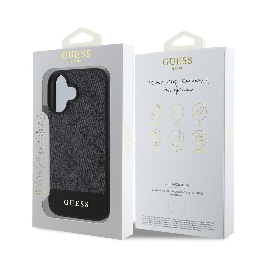 Guess Guess iPhone 16 Backcover hoesje - 4G PU Leather - Bottom Stripe - Grijs Guess Guess iPhone 16 Backcover hoesje - 4G PU Leather - Bottom Stripe - Grijs