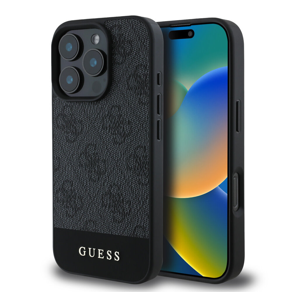 Guess Guess iPhone 16 Pro Back cover coque - 4G PU Leather - Bottom Stripe - Gris Guess Guess iPhone 16 Pro Back cover coque - 4G PU Leather - Bottom Stripe - Gris