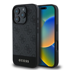 Guess iPhone 16 Pro Backcover hoesje - 4G PU Leather - Bottom Stripe - Grijs