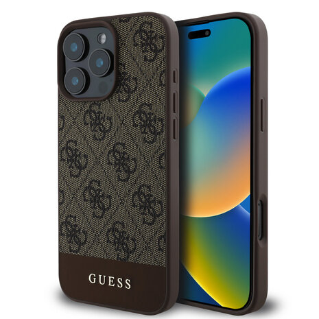 Guess Guess iPhone 16 Pro Max Back cover case - 4G PU Leather - Bottom Stripe - Brown