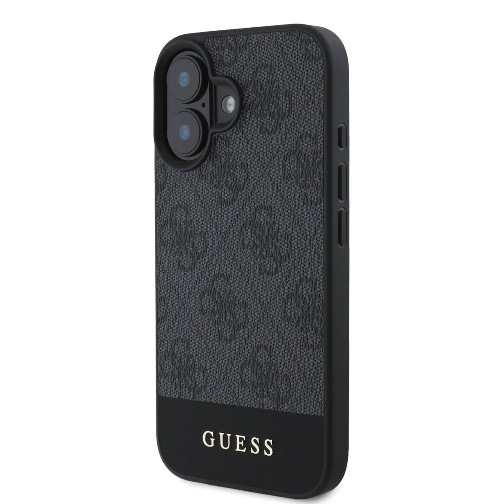 Guess Guess iPhone 16 Backcover hoesje - 4G PU Leather - Bottom Stripe - Grijs Guess Guess iPhone 16 Backcover hoesje - 4G PU Leather - Bottom Stripe - Grijs