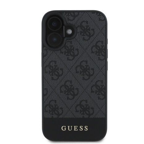 Guess Guess iPhone 16 Backcover hoesje - 4G PU Leather - Bottom Stripe - Grijs Guess Guess iPhone 16 Backcover hoesje - 4G PU Leather - Bottom Stripe - Grijs