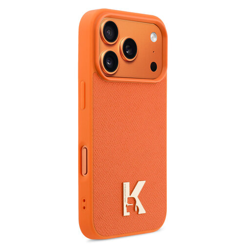 Karl Lagerfeld Karl Lagerfeld iPhone 17 Pro Max/iPhone 18 Pro Max Coque arrière MagSafe Cuir Saffiano Logo K & Karl métallique - Orange