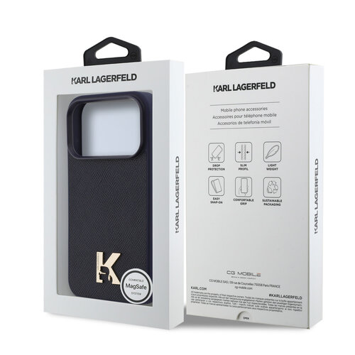 Karl Lagerfeld Karl Lagerfeld iPhone 17 Pro/iPhone 18 Pro Coque arrière MagSafe Cuir Saffiano Logo K & Karl métallique - Bleu marine