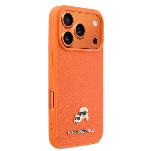 Karl Lagerfeld Karl Lagerfeld iPhone 17 Pro/iPhone 18 Pro Coque arrière MagSafe Cuir Saffiano Logo représentant les têtes de Karl & Choupette - Orange