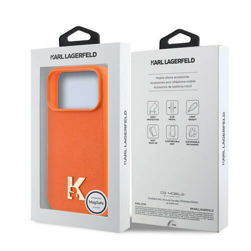 Karl Lagerfeld Karl Lagerfeld iPhone 17 Pro/iPhone 18 Pro Coque arrière MagSafe Cuir Saffiano Logo K & Karl métallique - Orange