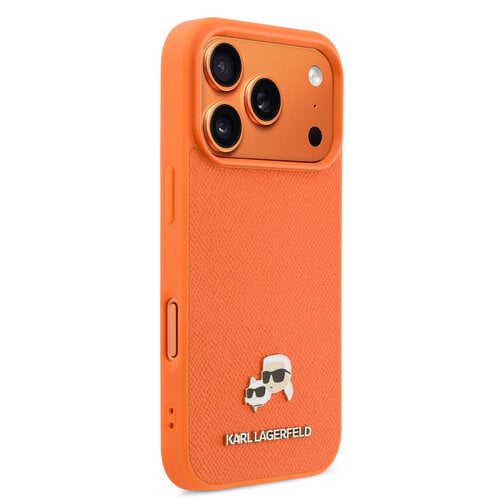 Karl Lagerfeld Karl Lagerfeld iPhone 17 Pro Max/iPhone 18 Pro Max Coque arrière MagSafe Cuir Saffiano Logo représentant les têtes de Karl & Choupette - Orange