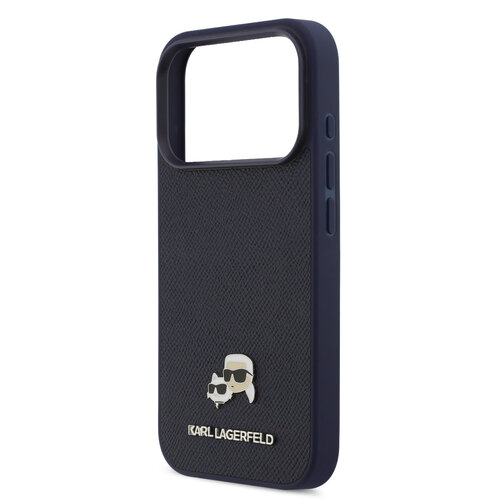 Karl Lagerfeld Karl Lagerfeld iPhone 17 Pro Max/iPhone 18 Pro Max Coque arrière MagSafe Cuir Saffiano Logo représentant les têtes de Karl & Choupette - Bleu marine