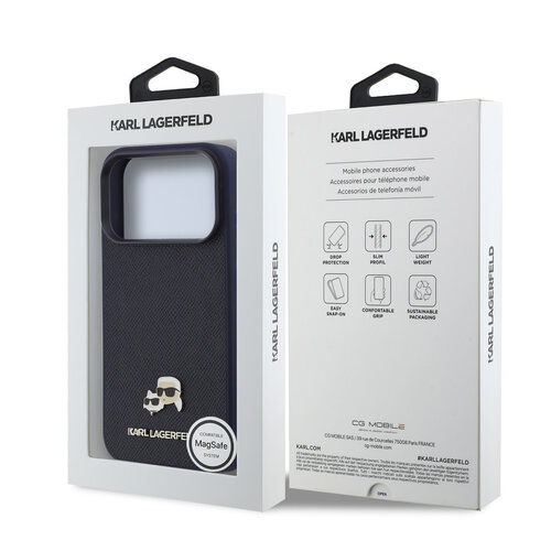 Karl Lagerfeld Karl Lagerfeld iPhone 17 Pro Max/iPhone 18 Pro Max Coque arrière MagSafe Cuir Saffiano Logo représentant les têtes de Karl & Choupette - Bleu marine