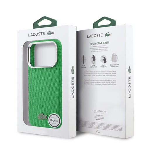 Lacoste Lacoste iPhone 17 Pro/iPhone 18 Pro Coque arrière MagSafe Bords métalliques Logo Petit Piqué iconique - Vert estragon