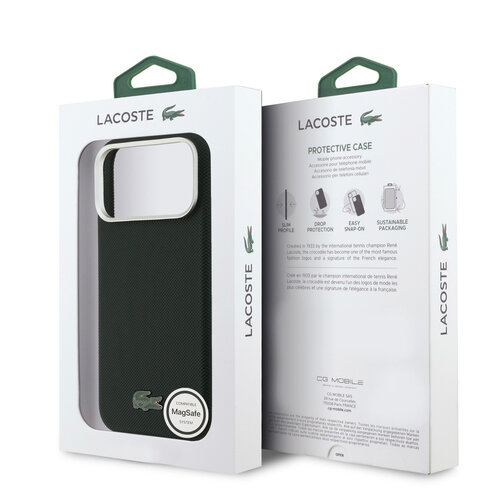 Lacoste Lacoste iPhone 17 Pro Max/iPhone 18 Pro Max Coque arrière MagSafe Bords métalliques Logo Petit Piqué iconique - Vert sinople